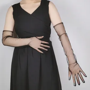 Black sheer long gloves mesh bridal wedding dress accessories detail view elegant sheer arm sleeves