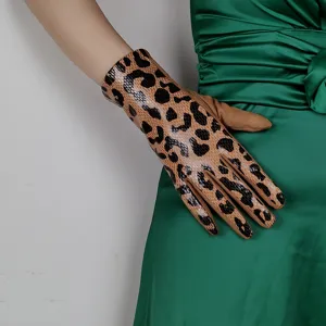 Close-up of women's leopard print gloves showcasing the detailed texture and split finger design.