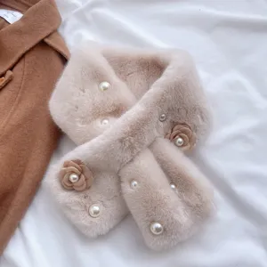 Elegant faux rabbit fur winter scarf with pearls and floral decors for women warm.