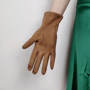 Women brown faux suede windproof gloves warm winter cycling split finger detail view