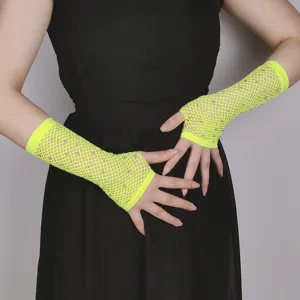 Neon green fishnet fingerless gloves with rhinestones rave party mesh arm warmers