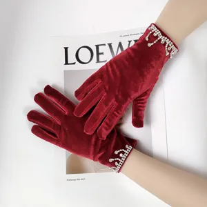 Red velvet rhinestone wrist gloves women elegant winter warm gloves fashion accessories