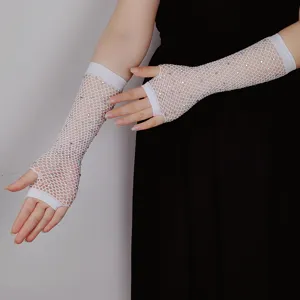 White rhinestone fishnet fingerless gloves sparkling crystal party rave festival accessories