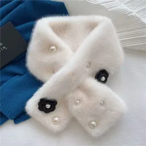 Chic white plush faux rabbit fur scarf with faux pearls and black camellia flowers for women winter