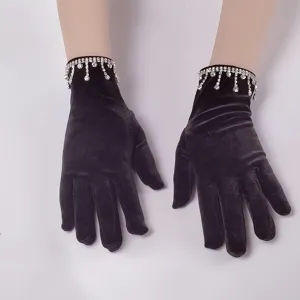 Black velvet women gloves with crystal rhinestone tassels for winter autumn performance party wear