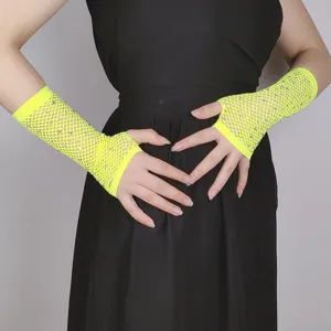 Neon yellow mesh rhinestone fingerless gloves detail, sparkling festival party hand accessory.