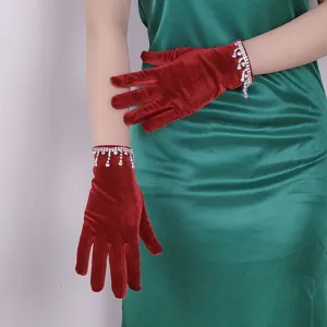 Red velvet rhinestone tassel gloves for women, stylish wrist gloves for party or performance.