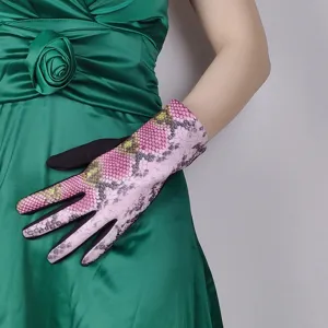 Women touchscreen thermal gloves with pink snakeskin print design for autumn and winter riding.