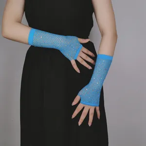 Blue fishnet rhinestone fingerless gloves rave party mesh arm warmers accessories