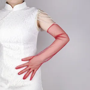 Sheer red long mesh gloves for wedding bridal gown evening party formal wear accessories