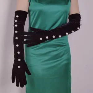 Femmes Hiver Rétro Soirée Fête Longs Gants Polyester Perle Artificielle Gants Noirs Opéra Élégant Gants De Mariage
