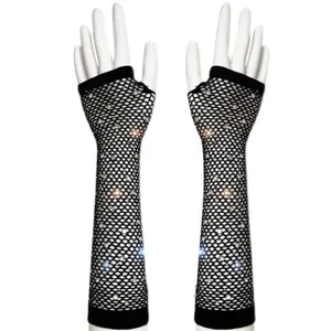 Rhinestone fishnet fingerless gloves for women, sexy club party rave costume accessories.