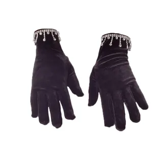 Black velvet women gloves with rhinestone fringe winter warm elegant performance gloves