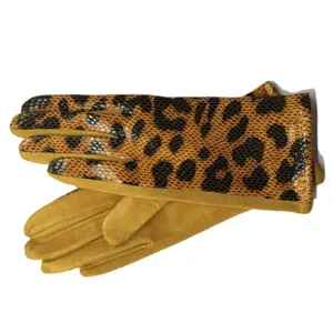 Women autumn winter leopard print faux suede windproof touchscreen warm gloves for cycling.