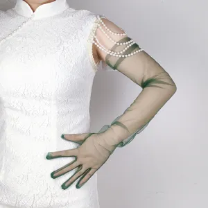 Elegant long sheer mesh gloves with pearl drapes for wedding bridal evening party wear main view.