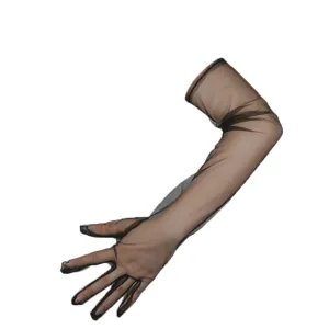 Elegant black sheer mesh long gloves for women, perfect for weddings, parties, and sun protection.