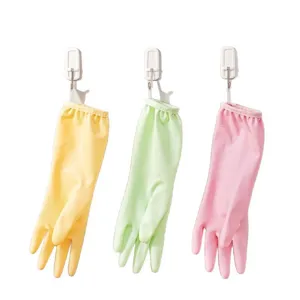 Durable waterproof PVC household cleaning gloves in yellow, green, pink for kitchen use.