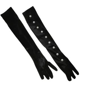 Femmes hiver rétro longs gants en velours noir avec boutons de perles pour robe de soirée.