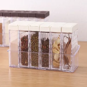 Clear 6-piece spice jar set with tray, kitchen seasoning container for organized storage.