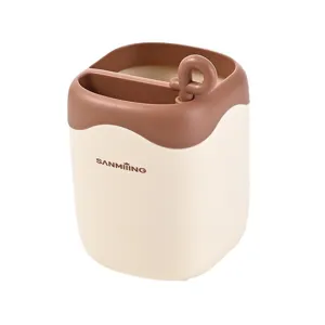 Detailed close-up view of the cute plastic desktop pen holder with dual compartments and neat finish.