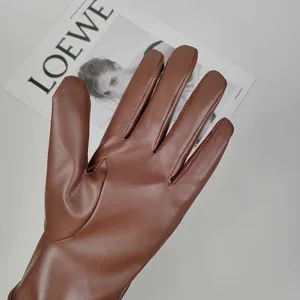 Damen braune Kunstleder PU Handschuhe Winter warme Fahrhandschuhe Mode elegante Alltagsmode