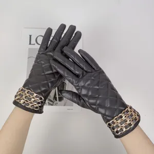 Women black quilted pu leather gloves with gold chain wrist winter warm windproof driving