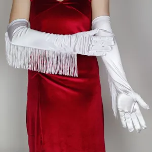 Detail view of 50cm white satin fringe long gloves, elegant accessory for evening parties.