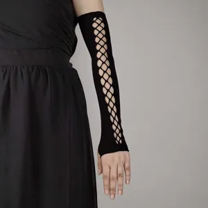 Black fishnet arm sleeves close up detail shot showing hollow out mesh texture design.