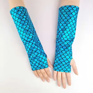 Blue mermaid scale fingerless gloves for cosplay, Halloween costume performance accessories.