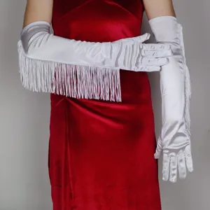 White satin fringe long gloves 50cm for women cosplay party dance performance accessories.