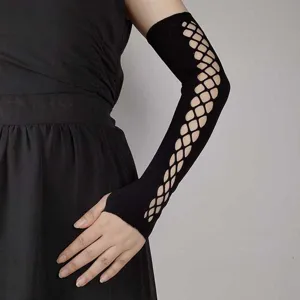 Black hollow mesh sleeve detail, gothic stretch fishnet arm cover, stylish clothing accessory.
