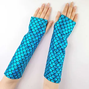 Mermaid scale fingerless gloves, blue iridescent fish scale costume sleeves for Halloween cosplay.