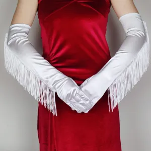 Detailed shot showing the fringe design and satin texture of the 50cm long dance gloves.