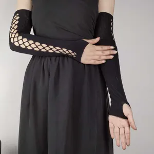 Detail shot of black hollow mesh sleeves, showing arm texture and thumb hole design features.