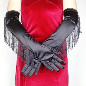 Black satin fringe long gloves detail shot, elegant evening party cosplay costume accessory.