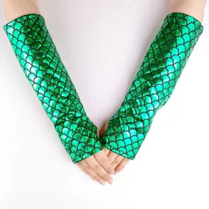 Women Fingerless Gloves Iridescent Patent Leather Fish Scale Pattern Gloves For Halloween Cosplay Stage Performance