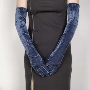 Elegant long velvet gloves in deep blue, perfect for evening parties, proms and formal events.