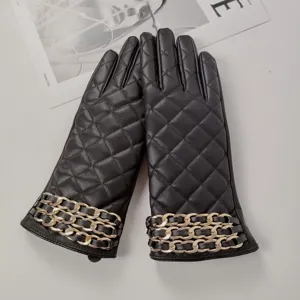Women winter warm PU leather quilted gloves with luxury gold metal chain cuffs stylish daily wear
