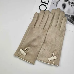 Women winter thick warm touchscreen suede gloves with elegant bow detail for riding
