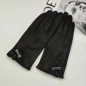 Women winter black suede touch screen gloves with cute bow warm cycling driving mittens