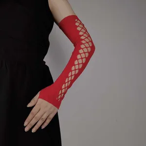 Close-up detail of red hollow elastic fishnet arm sleeves, featuring a unique mesh pattern.