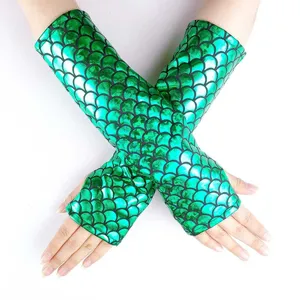 Detail view of green holographic mermaid scale fingerless gloves for cosplay and Halloween.