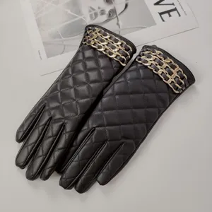 Black PU leather quilted gloves with gold chain detail, warm winter driving gloves for women.