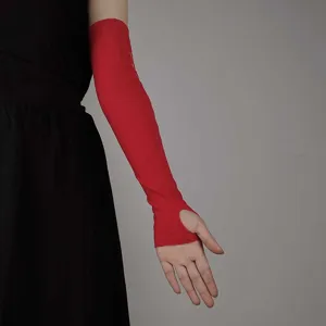 Red long arm sleeves with thumb hole, stretchy fabric design for cosplay and party wear.