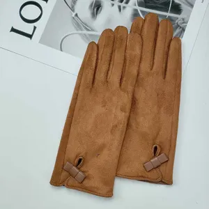 Women winter warm brown suede gloves with cute bow detail, soft and stylish cold weather gear.