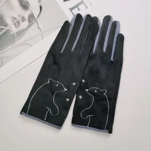Women's black suede gloves winter warm touch screen cute polar bear embroidery cycling gloves