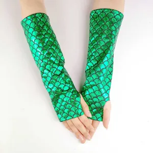 Green mermaid scale fingerless gloves shiny metallic costume party cosplay performance arm warmers