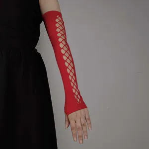 Red hollow out fishnet arm sleeve close-up detail showing the stretchy mesh design.