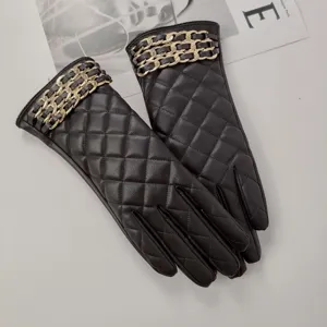 Women winter warm PU leather gloves black quilted metal chain cuff touch screen windproof