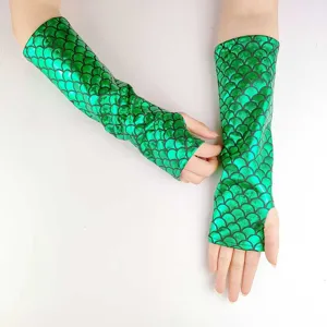 Green mermaid scale fingerless gloves, shiny patent leather cosplay costume accessories.